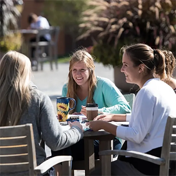 Female students studying at outdoor table on a patio.