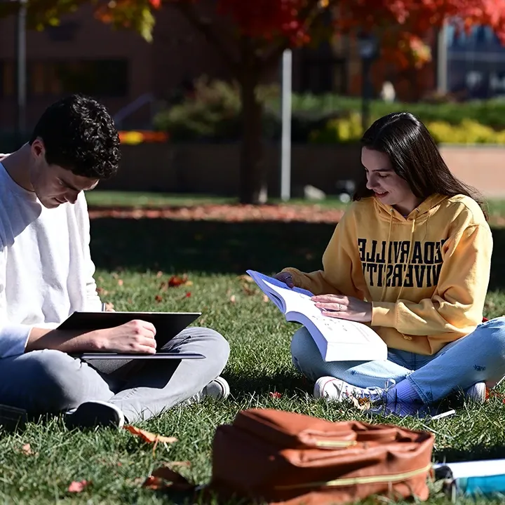 Two students studying outside